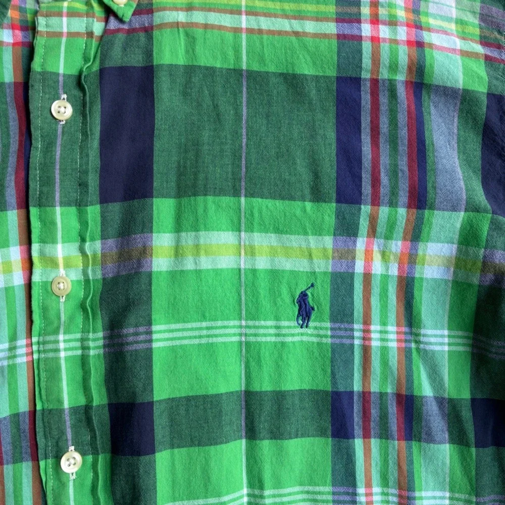 Ralph Lauren Shirt Mens 3XLT Green Madras Plaid RL Untucked Fit Short Sleeve